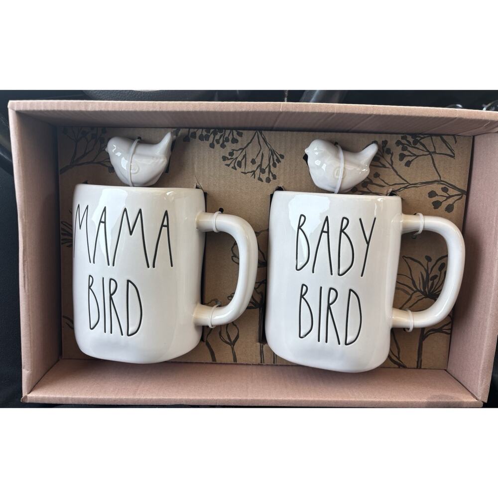 RAE DUNN COFFEE☕️MUG SET MAMA BIRD BABY BIRD CHARM GIFT 🎁 BOX